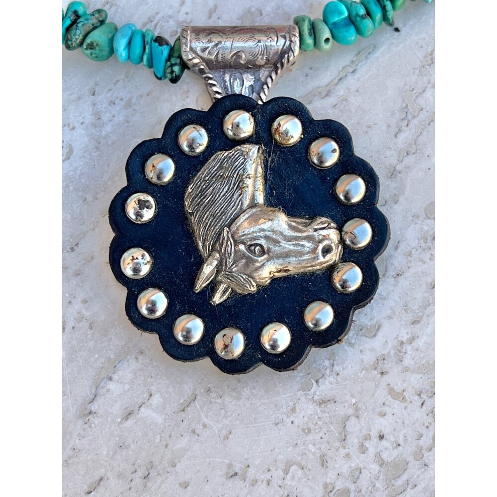 Turquoise & Vintage Coral Beaded Necklace Trigg Leather Horse Equestrian pendant - Picture 5 of 12